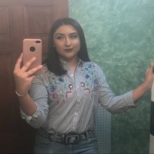 Striped long sleeve top with embroidery